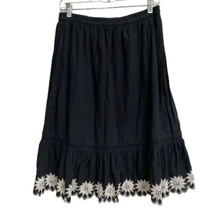 Charter Club Midi Black Skirt Sz 12P White Floral Embroidery Boho Hippie Emo - Picture 1 of 11