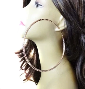 LARGE ROSE GOLD HOOP EARRINGS TEXTURED ROUND CIRCLE ROSE GOLD TONE 5 INCH HOOPS - Picture 1 of 3