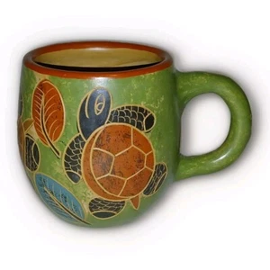 Turtle Themed Etched Hand Painted Terra Cotta Coffee Mugs from Nicaragua - Picture 1 of 5