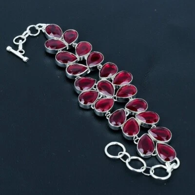 925 Sterling Silver Red Ruby Gemstone Handmade Jewelry Chain Bracelet - Image 1 of 4
