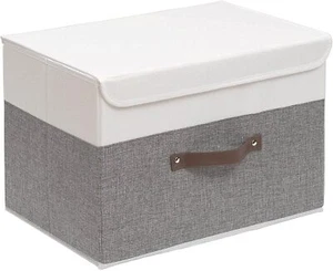 Foldable Fabric Storage Box w/Lid, 17.7x11.8x11.8in (Wht/Gry) - Picture 1 of 10