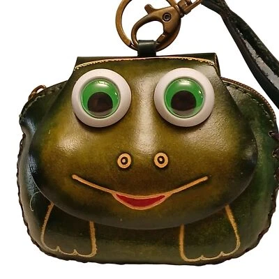 Frog-Themed Leather Wristlet Coin Purse Keychain Zip Closure & Wrist Strap #M-16 - Image 1 of 4
