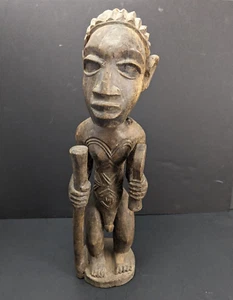 Vintage African Tribal Art Carved Wood Statue Man Holding Staff, Knife, Tattoos - Picture 1 of 17