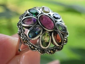 Multi-Stone Emerald Ruby Sapphire Marcasite Ring Size 7.5 925 Sterling Silver - Picture 1 of 13