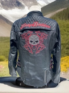 Harley Davidson Women SCROLL Willie G Skull Leather Jacket 2XL Black Red - Picture 1 of 10