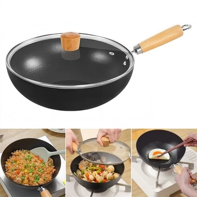Antihaft Eisen Wok mit Glasdeckel zum Kochen auf Gas Elektro Induktionsherden - Image 1 of 4
