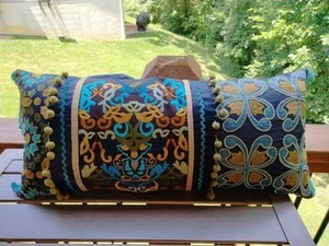 VTG Pier 1 Decorative Embroidery With Pom Pom Trim Bolster Pillow - Picture 1 of 10