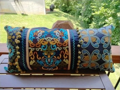VTG Pier 1 Decorative Embroidery With Pom Pom Trim Bolster Pillow - Image 1 of 4