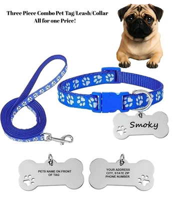 Custom Pet Id Tag  With Matching  Collar / Leash Set! For Small Dogs - Image 1 of 4