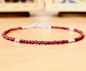 A+ Beautiful Red Garnet 2-3MM Faceted Round Gemstone Beaded Women Bracelet 6-8" - Picture 1 of 10