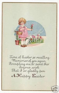 Green Child Tulips Basket Bunny Rabbit Easter Postcard Series - Picture 1 of 1