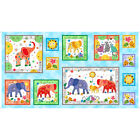Elephant Animal Fabric Playfuld Elephants Multicolor Sky QT Cotton 24" Panel