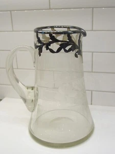 9" Tall Art Nouveau Sterling Silver Overlay Cocktail Pitcher etched ribbed-READ - Picture 1 of 20