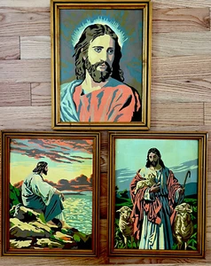 Set of 3-VTG JESUS Paint By Number & Wood Inlaid Frames 17 3/4”X 14” NICE - Picture 1 of 24