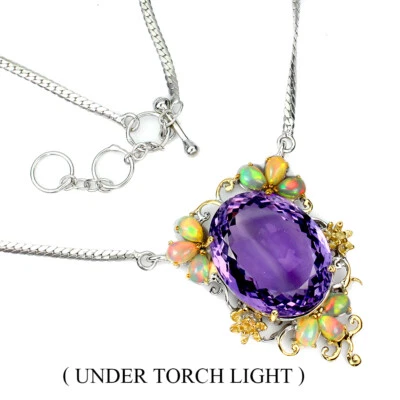 Estate 925 Collana Argento Fatto a Mano Ovale Ametista 37ct Opale di Fuoco Gemma - Immagine 1 di 4