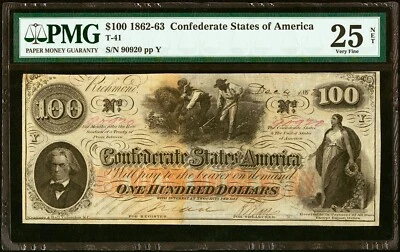 1862 $100 Confederate States of America T-41 - PMG 25 NET - AMAZING COLOR! - Image 1 of 2