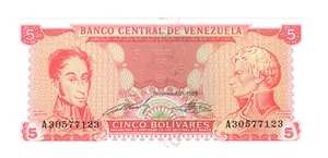 Bank of Venezuela 5 Bolivares - UNC - Year 1989 -  Low Shipping - Picture 1 of 2