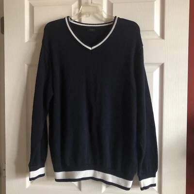 John Galt/Brandy Melville Navy Blue White Trim V-Neck Sweater Relaxed One Size - Image 1 of 3