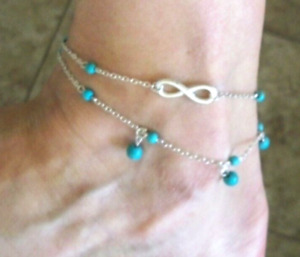 Silver Anklet 2 Layer Ankle Bracelets Turquoise Beads Chain Stainless