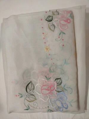Raw Silk, Machine Embroidery, Rectangular, 70” X 120” tablecloth, 12 napkins - Image 1 of 4