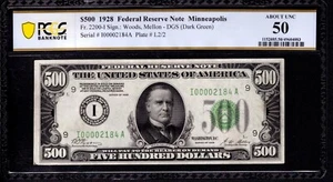1928 $500 FEDERAL RESERVE NOTE MINNEAPOLIS FR.2200-I PCGS B ABOUT UNC AU 50 - Picture 1 of 4