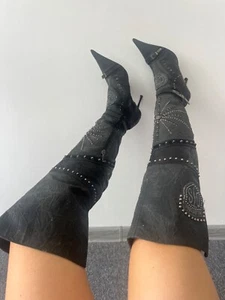 Vintage El Dantes Over the Knee Black Leather Boots Studded Witchy Gothic 39 - Picture 1 of 24