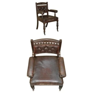 ANTIQUE VICTORIAN AESTHETIC MOVEMENT STYLE LEATHER ARMCHAIR FOR RESTORATION - Picture 1 of 23