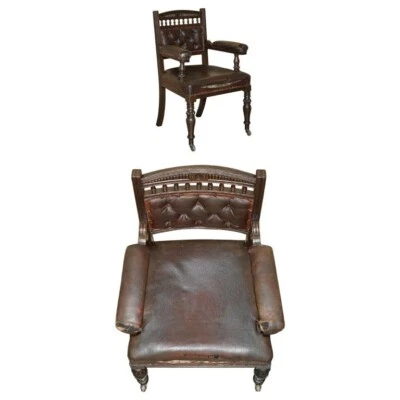 ANTIQUE VICTORIAN AESTHETIC MOVEMENT STYLE LEATHER ARMCHAIR FOR RESTORATION - Image 1 of 4