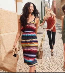 Athleta Women's Havana Striped Drawstring Waist Midi Tank Dress Size M Pockets - Picture 1 of 9