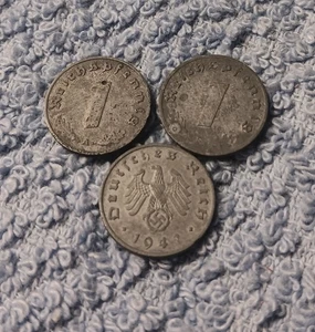 3 Damaged World War 2  1 Reichspfennig ,Germany , See Photos!!  1942 1943 1940 - Picture 1 of 17