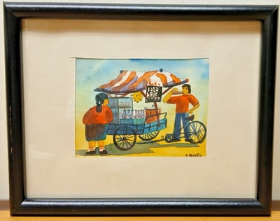 Original Watercolor on Paper, Folk Art, Refreshment Vendor, Signed, 1990s - Image 1 of 4