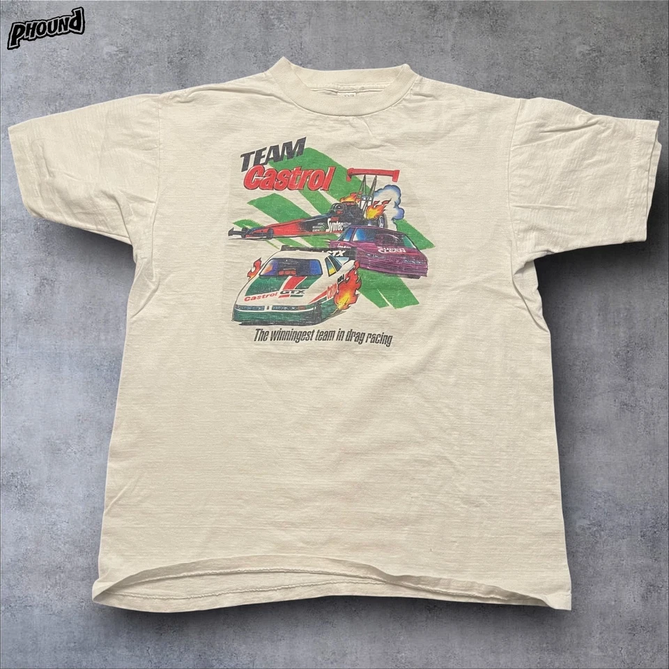Camisa De Colección Team Castrol Para Hombres Grande Blanca Arrastre Carreras Divertida Coche Top Combustible Años 90 Foto 1 de 4
