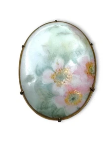 Antique Porcelain Cherry Blossom Brass Brooch - Picture 1 of 6