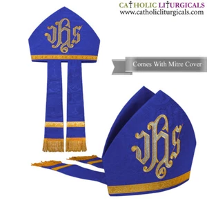 New Blue Mitre with IHS embroidery,mitra,Bishop's Mitre, New - Picture 1 of 3