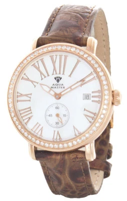 Reloj Aqua Master para hombre esfera fregona blanca oro rosa bisel de diamantes banda marrón W#203 Foto 1 de 2