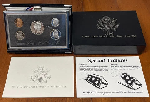 1996-S U.S. Mint🇺🇸PREMIER SILVER PROOF SET🇺🇸5 Coins & 3 are 90% With Box/COA Cover