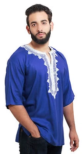 Moroccan Men Tunic Shirt Cafan Casual Handmade Embroidered Cotton Large Blue - Picture 1 of 4