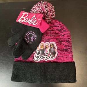 Barbie Beanie & Gloves Youth Pom Pink & Black 2 Piece Set - Picture 1 of 7