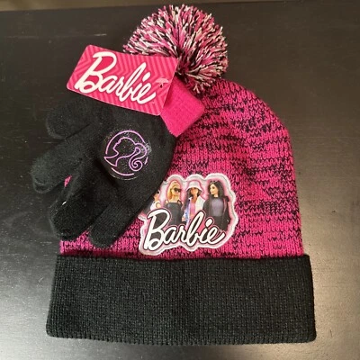 Barbie Beanie & Gloves Youth Pom Pink & Black 2 Piece Set - Image 1 of 4