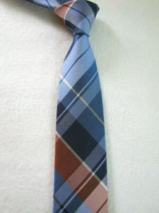 PENGUIN SLIM Silk Necktie Blue Orange Plaid Check Designer Tie Skinny - Picture 1 of 9