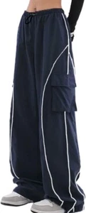 Y2K Parachute Track Pants for Women Low Rise Baggy Wide X-Large, Navy Blue - Picture 1 of 6