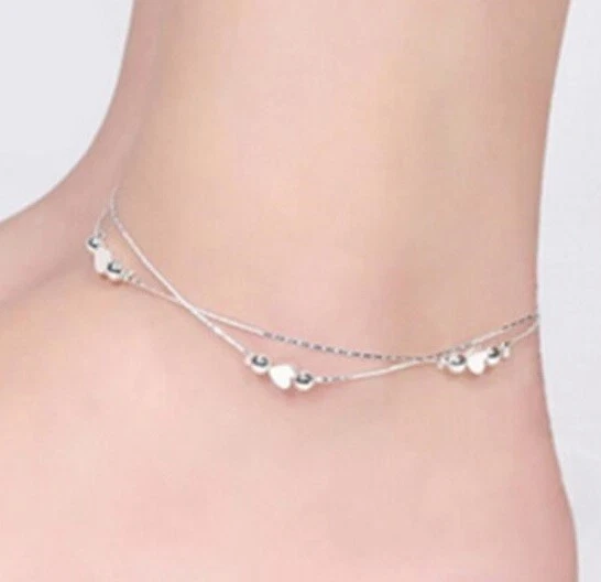 925 Sterling Silver Womens Chain 8" to 10" Hearts Layer Anklet Bracelet D671