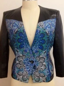 $995 Helmut lang Blue Green Jacquard/tapestry Black Leather Jacket/blazer 8 - Picture 1 of 11