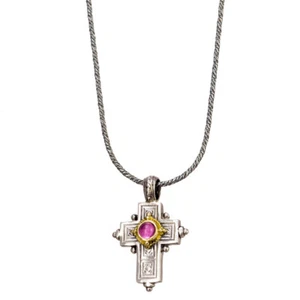 Gerochristo Solid Gold 18k & Sterling Silver,Tourmaline Byzantine Cross Pendant. - Picture 1 of 3
