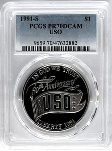 1991 S USO 50th Anniversary Commemorative Proof Silver Dollar PCGS PR70 - Picture 1 of 2