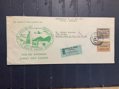 Ecuador 1951 registered FDC 1st day cover to the USA 20,000 Panagra Flights - Image 1 of 2
