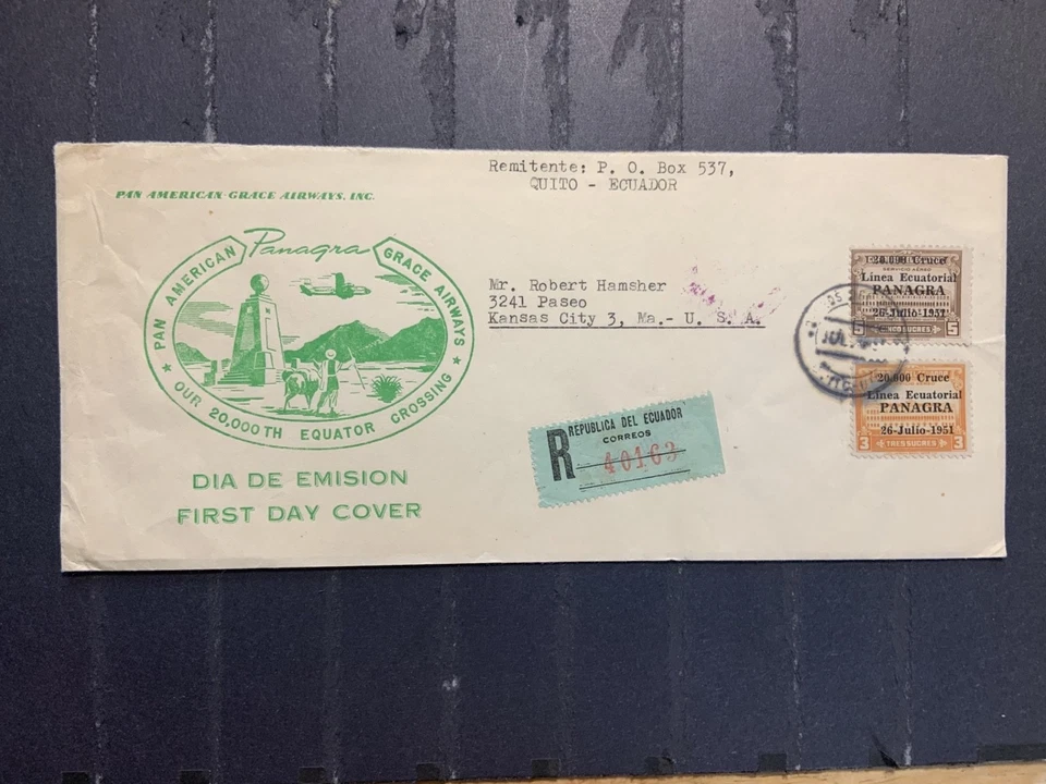 Ecuador 1951 registered FDC 1st day cover to the USA 20,000 Panagra Flights - Image 1 of 2