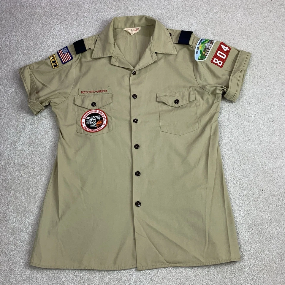 Camisa masculina vintage escoteiros cáqui média bronzeada botões adesivos uniforme BSA - Imagem 1 de 4