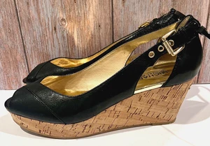 Michael Kors Damenschuh schwarz Slingback Peeptoe Kork Keilabsatz gestapelter Absatz Größe 8M - Bild 1 von 12