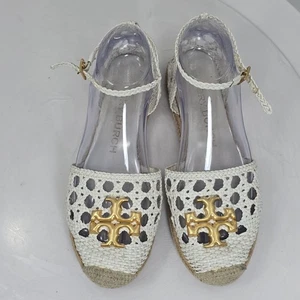 Tory Burch Eleanor Damen 8 geflochtene Leder D'Orsay Espadrille Sandalen weiß/gold - Bild 1 von 21